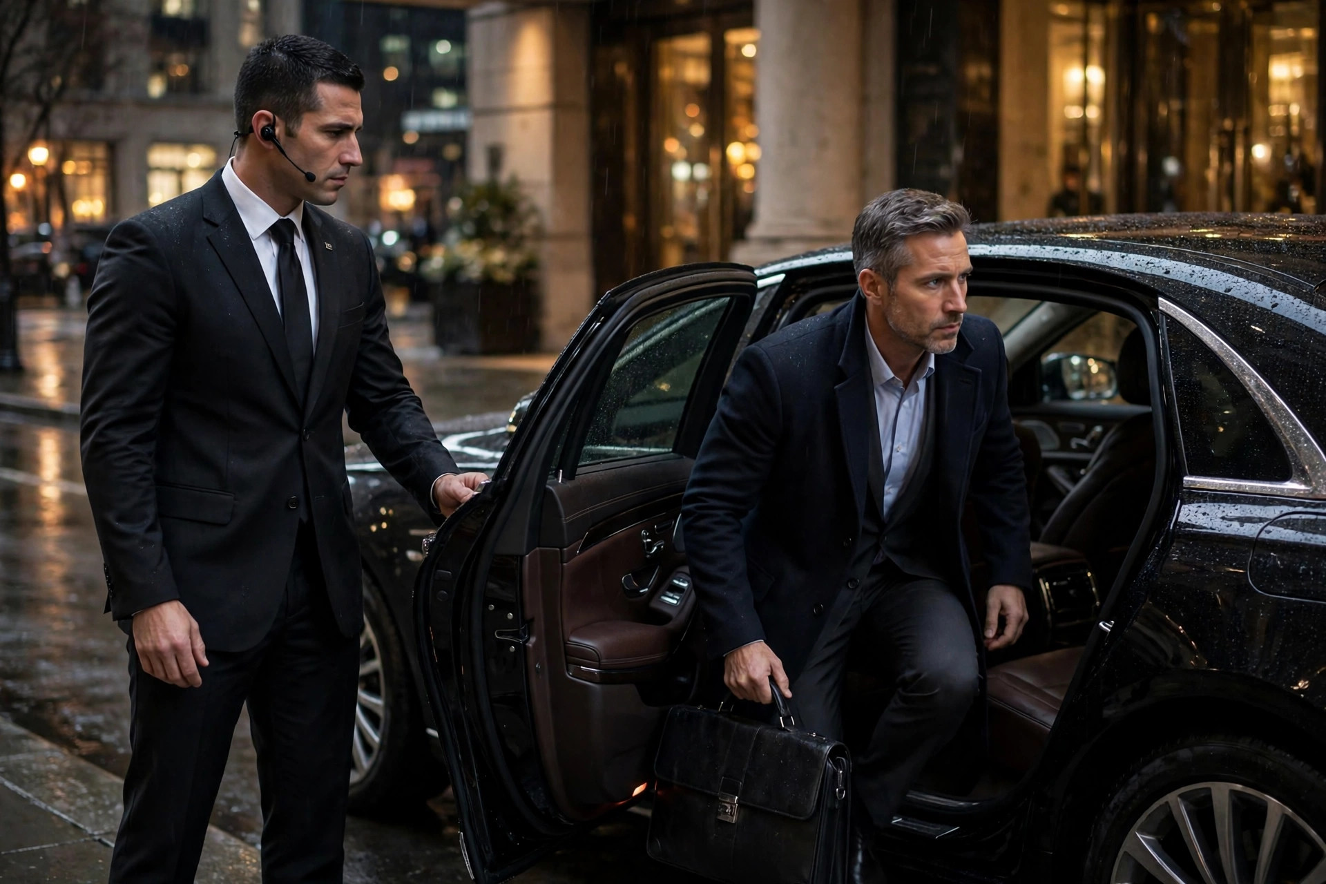 Bodyguard membukakan pintu mobil